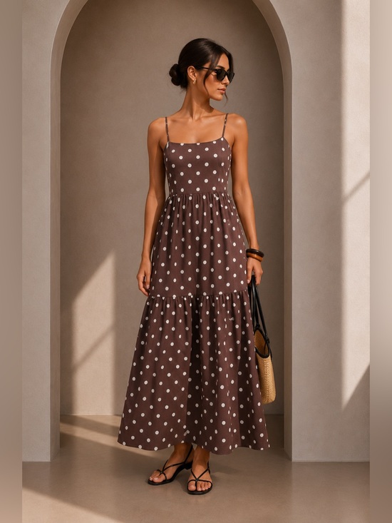 Commense Dresses & Skirts - Commense Brown & White Polka Dot Spaghetti-Strap Tiered Maxi Dress